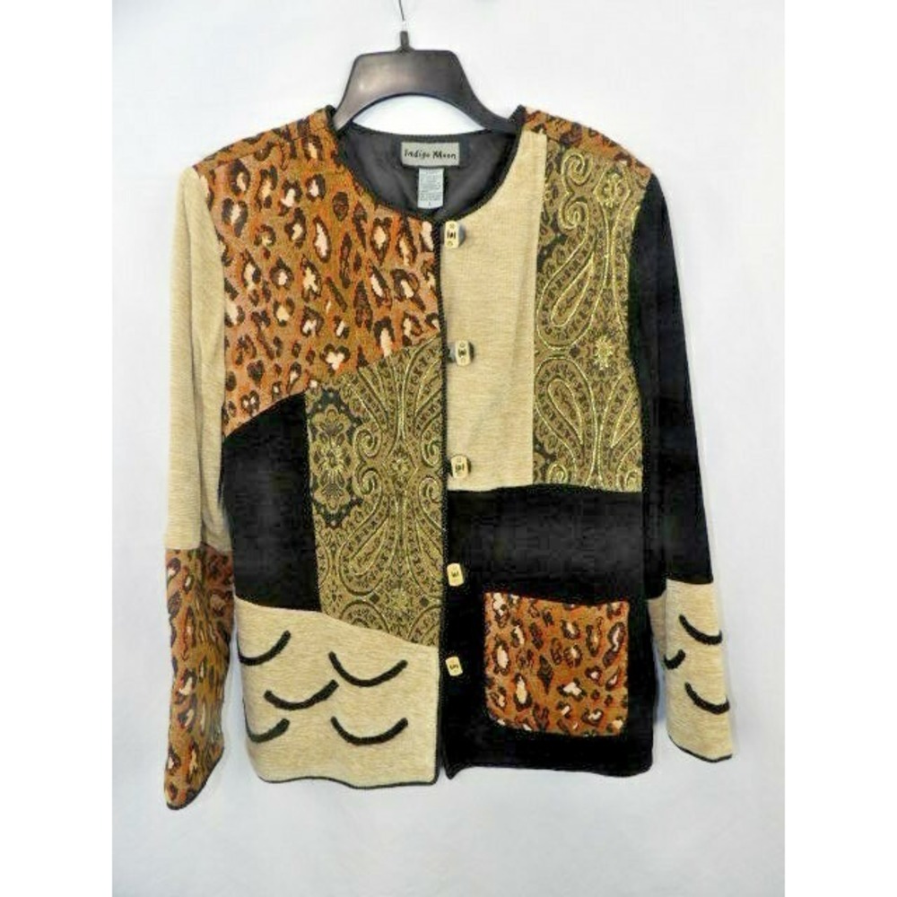 Indigo Moon Tapestry Blazer Jacket Black Tan Leopard Print w/Gold Metallic NEW L